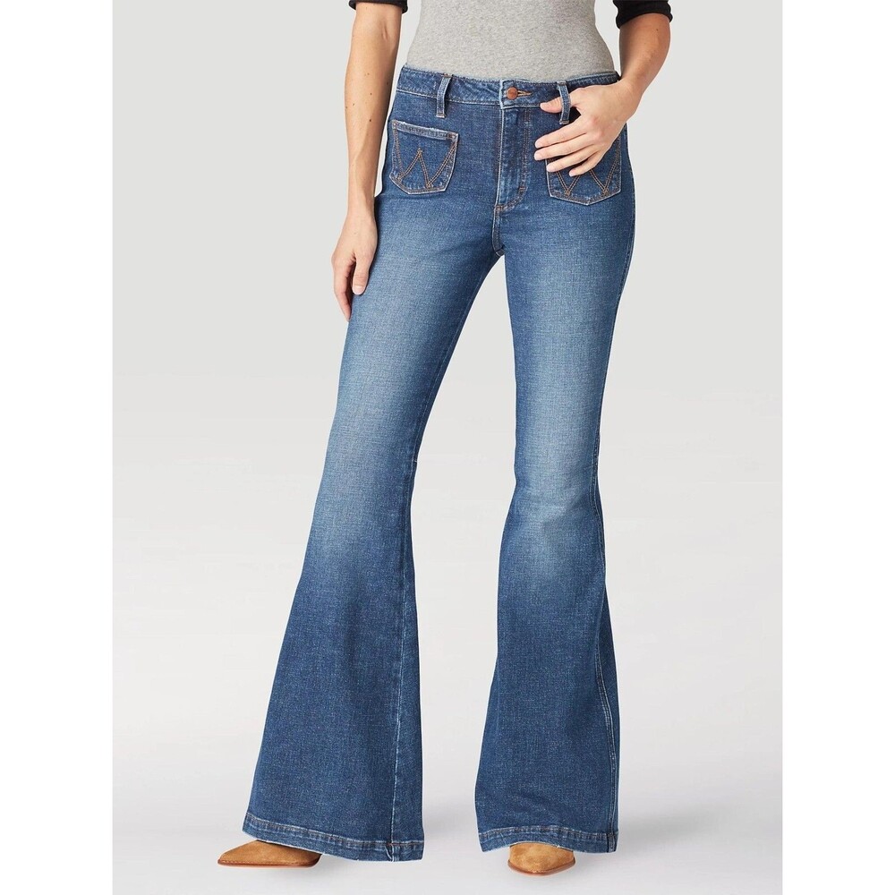 Wrangler Retro Premium Womens Denim Jeans High Rise Trumpet Flare Dark Blue New